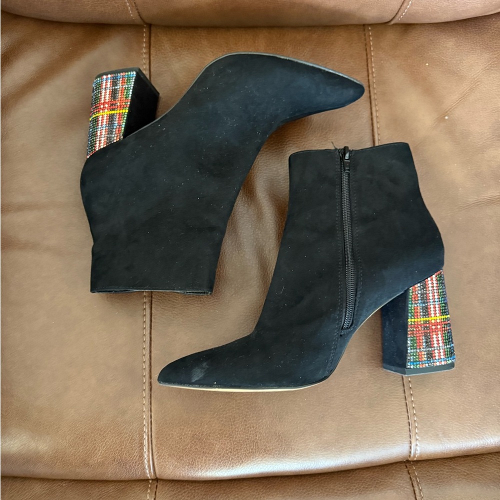 Betsey Johnson | Black Suede Boots with Multi Color Heel - Picture 2 of 11